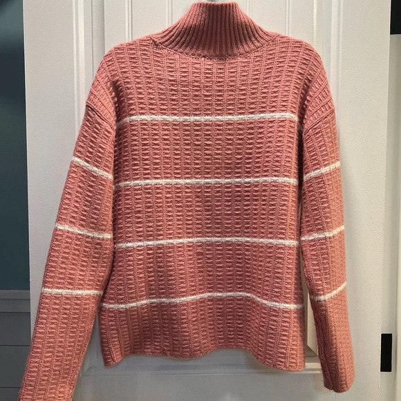 Ann Taylor Wool Blend Pink White Stripe Ribbed Turtleneck Sweater. Size Large. - Picture 5 of 11